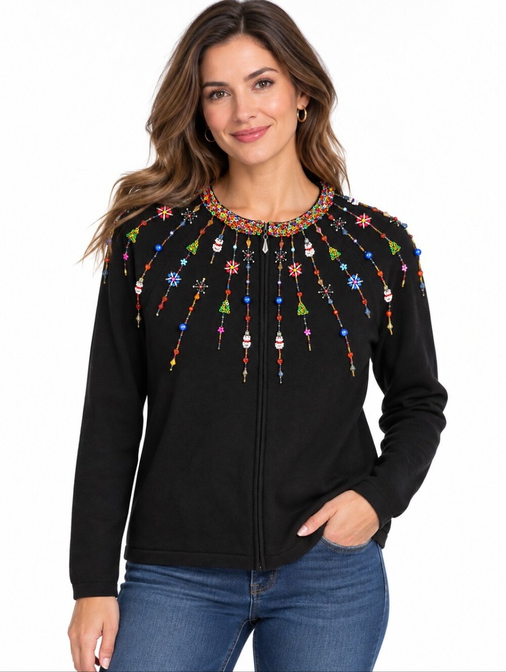 Vintage Tabi Black Beaded Zip Cardigan Sweater 100% Cotton M